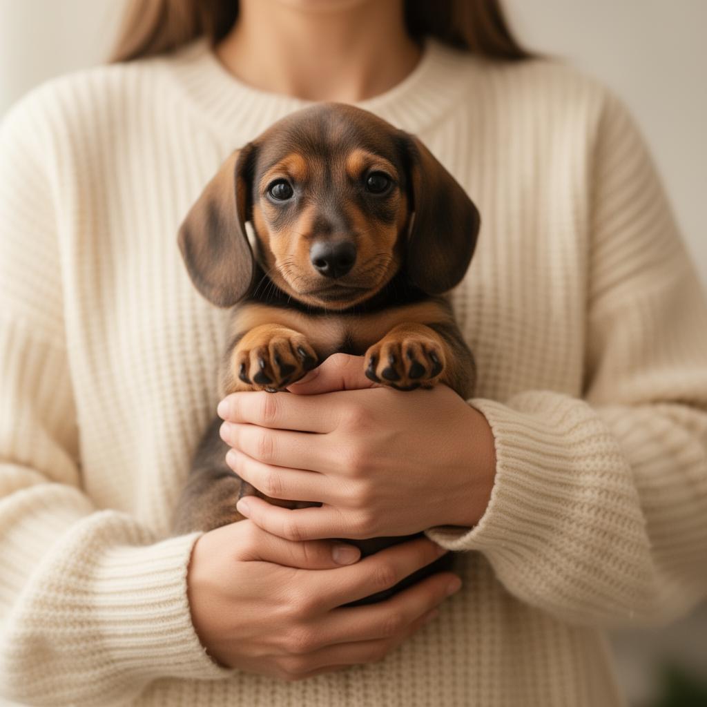 A breeder gently holding a dachshund puppy