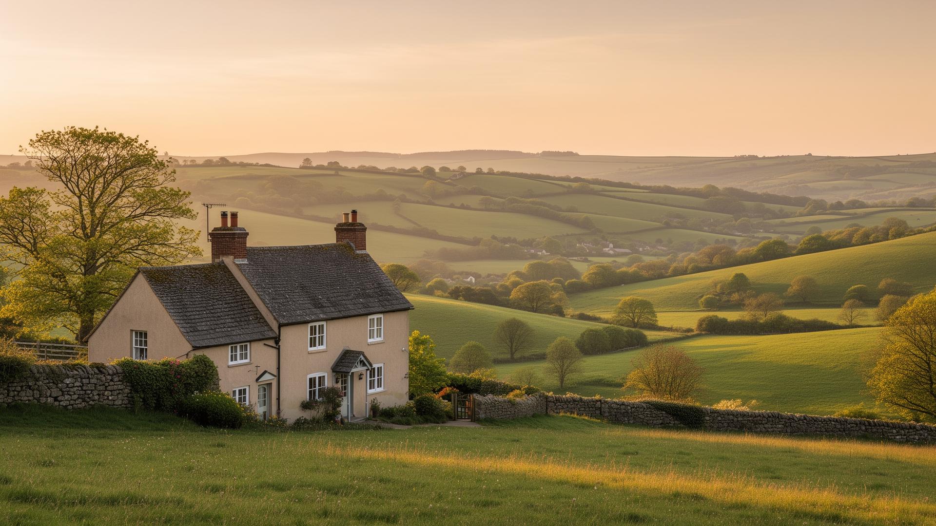 An English countryside cottage at golden hour
